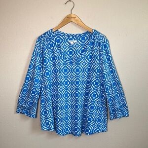 CHICO'S Women XL Blue Geometric Print Vneck Cotton Modal Tunic‎ Top 2022 Natural